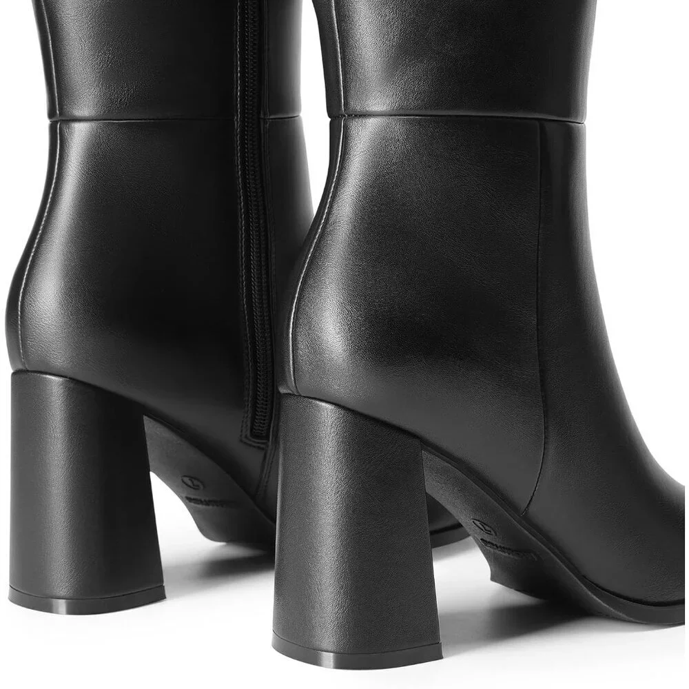 Women's Black Faux Leather Thigh High Block Chunky Heeled Knee High Long Boots